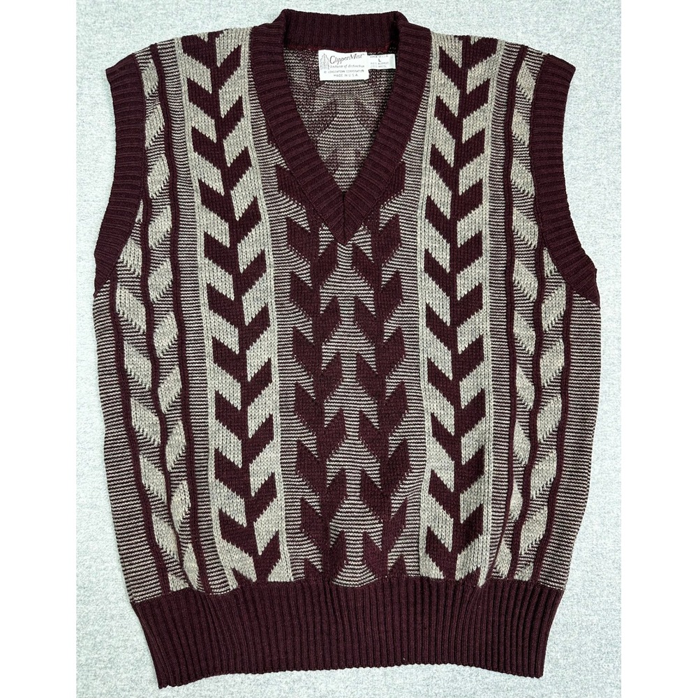Vintage 70s 80s Clipper Mist Sweater Vest Men L Burgundy Geometric Knit Made USA